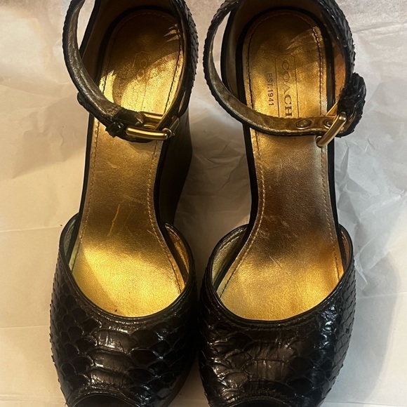 Coach Chocolate python leather open toe ankle strap wedge heels Sz 7B Women - Picture 6 of 14